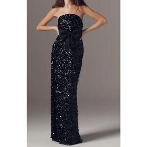 Ieena Mac Duggal Black Strapless Sequin Evening Gown With Bow Sz 6 NWT